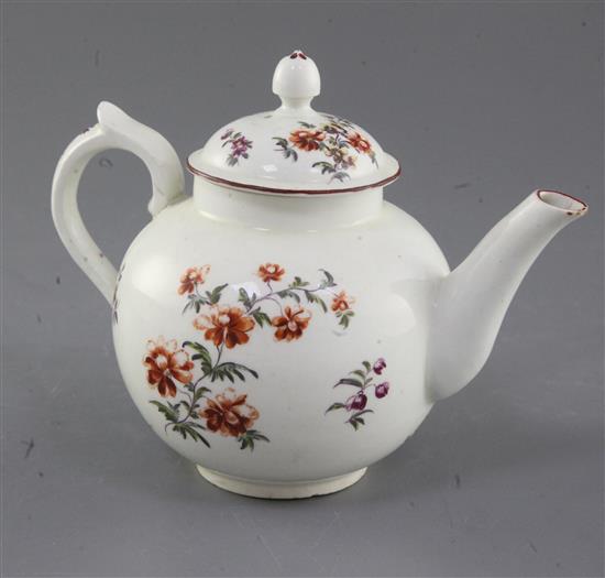 A rare Derby globular teapot and cover, c.1758, h. 13.5cm, handle re-attached